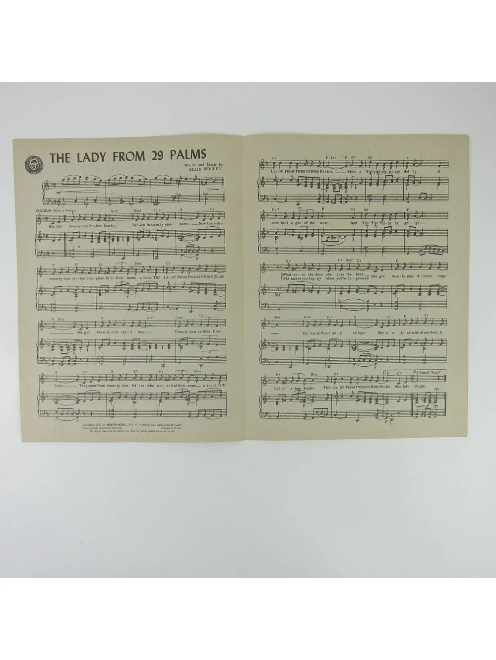 Sheet Music The Lady From 29 Palms Andrews Sisters Allie Wrubel Vintage 1947